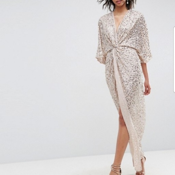 asos design scatter sequin knot front kimono maxi dress